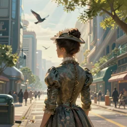 portrait of a victorian lady in a futuristic city, from behind, streets, birds in the sky, sunlight and rays of light shining through trees, tall buildings on the sides, beautiful, solarpunk!!!, highly detailed, digital painting by Michael Garmash, Donato Giancola, in the 17th century