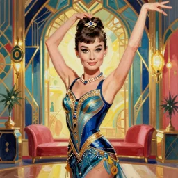 audrey hepburn as a cancan dancer in art deco style, hyper realistic, artstation, illustration, digital paint, matte paint, vivid colors, bright, cheerful, detailed and intricate environment