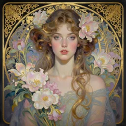 a digital painting of a young beautiful woman, surrounded by flowers, dark pastel color scheme, jugendstil background, gold filigree, by karol bak, by emil melmoth, by Daniel Gerhartz, trending on artstation