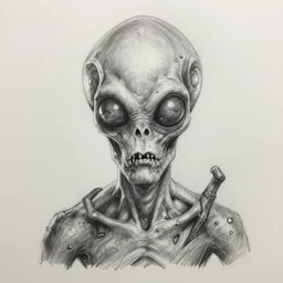 pencil sketch of a zombie alien with 12 eyes and grey oily skin