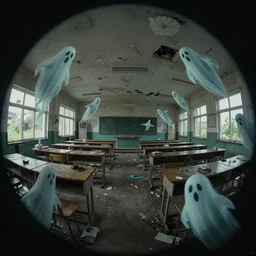 fisheye view interior of a abandoned school with ghots flying around, mysticism, art style by kim jung gi karl marx greg rutkowski ghibli, au naturel, hyper detailed, digital art, trending in artstation, cinematic lighting, studio quality, smooth render, unreal engine 5 rendered, octane rendered