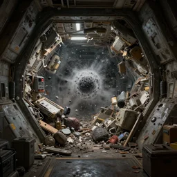 epic professional digital art exerior view of cluttered, claustrophobic spaceship cargo hold torn by micrometeorite, detailed by hamish frater, jim burns, eric geusz, best on artstation, cgsociety, stunning, unreal engine 6, cinematic