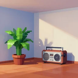 a digital painting of a room containing a potted plant and a radio, a low poly render by edward okun, symmetry, floor walls ceiling, polycount, computer art, vaporwave, # screenshotsaturday, voxel art