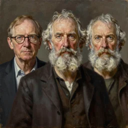 portrait of alan watts, henry thoreau and epictetus, oil on canvas, realistic, highly detailed, cinematic, concept art, matte painting
