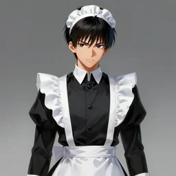 Levi Ackerman, south Korean male, wearing a black and white maid dress, short, short hair, pointy nose, annoyed. elegant. highly detailed, digital painting, artstation, concept art, smooth, sharp, focus, illustration. art by artgerm and greg rutkowski alphonse mucha and Marat Safin