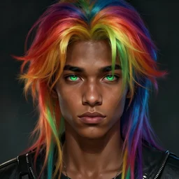 portrait of a teenage male human with rainbow hair and green eyes and dark skin fantasy artwork epic detailed and intricate digital painting trending on artstation by wlop octane render