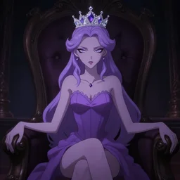 A photo of a skinny evil princess woman with light-purple hair wearing a diamond crown, sitting in a throne in a dark room. Low light. Anime style