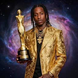 wiz khalifa in battle surrounded by nebula, highly detailed, gold filigree, romantic storybook fantasy, soft cinematic lighting, award, disney concept art watercolor illustration by mandy jurgens and alphonse mucha and alena aenami, pastel color palette, black and yellow, featured on artstation