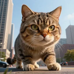 giant cat invading detroit, dslr, 8 k, octane beautifully detailed render, detailed lighting, cinematic lighting, detailed photo, masterpiece, volumetric lighting, ultra realistic, highly detailed, high quality, lossless, photorealistic
