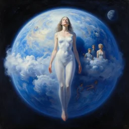 a giant woman in a giant blue cloud planet in space, tim hildebrandt, wayne barlowe, bruce pennington, donato giancola, trending on artstation, cinematic composition, beautiful lighting, hyper detailed, 8 k, oil on canvas