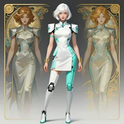 a digital concept art by artgerm, greg rutkowski and alphonse mucha. a high end geometric suit uniform. white hair. light portrait of a pretty japanese showgirl in hi - tech short cheongsam. cybernetic leg prosthesis!! white, tiffany blue!! and gold bracelets, elite. 8 k. hyper detailed