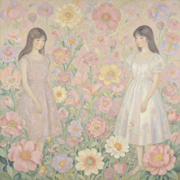 breathtaking detailed concept art painting pattern blend of flowers and girls, by hsiao - ron cheng and soey milk, bizarre compositions, exquisite detail, pastel colors, 8 k