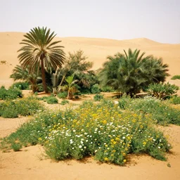 An green oasis full of beautiful flowers in the middle of Saharah desert, 8k photography