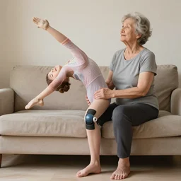 an old mother getting her knee replaced while she is dreaming of one day doing gymnastics again, realistic photo, 8k, high definition