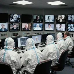 1 9 8 0 s surveillance room with turned on monitors and audio equipment, men in hazmat suits stare at the monitors in the style of ralph steadman, ansel adams, irving penn, steve mccurry, photography