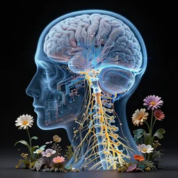 x - ray of human head, brain, spine, nervous system, circuitry, flowers, sculpture, physical based render, hyper - maximal, surrealism, glitchcore, ljubomir popovic, guiseppe acrimboldo, adrian ghenie