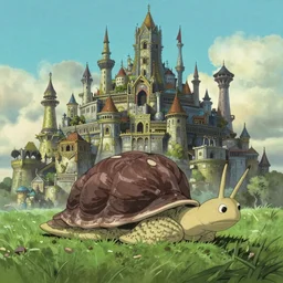 Concept art of a massive ancient fantasy city built onto the back of a gargantuan snail in the style of studio ghibli