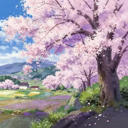 beautiful illustration of a landscape in a cherry blossom storm, japanese countryside, violet colour splash, in the style of Katsuhiro Otomo and Takehito Harada and Yoshitaka Amano