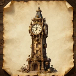 the impossible clock tower, tower, building steampunk, papyrus, parchment