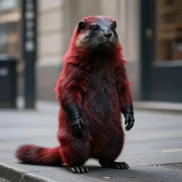 red furry, stoat | urbanscene photorealism | coalpunk masculine furry black