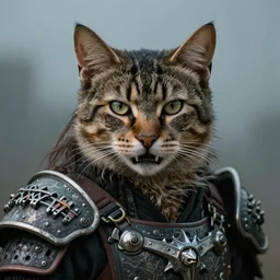 art by greg rutkowski, portrait of a male humanoid feline, pointed ears, long hair, predatory look, feral but civilized, beard and notorious fangs, wearing an futuristic gear that looks like a mix between viking, samurai and templar culture, sharp focus, cinematic lighting, artstation hq.