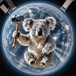 koala bear with a hammer in the international space station, fish - eye