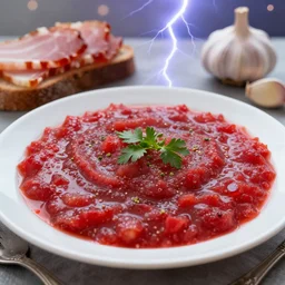 plate of borscht, salo on brown bread, hyper realistic, foodphoto, extremely detailed, photorealism, garlic on background, side view, bokeh, epic lightning