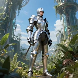 full armored female knight errant in a high tech botanical world with blue skies | style by Dmitry Khrapovitsky, vincent callebaut, dramatic light | high detail | cinematic lighting | pristine metals, glass, plants | solarpunk | concept art |
