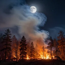forest fires, wildfire, moon, thick smoke style, light, starry night, by frederick arthur bridgman, painting, volumetric light, uplight, global illumination, intricate, detailed, atmospheric lighting
