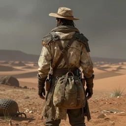 an intricate concept portrait art illustration of an explorer nomad with bag standing, post - apocalyptic, back - view, mid shot, fuzichoco color palette, digital art, style by ivan talavera and artgerm and wlop, hyper realistic, photorealistic, octane render, trending on artstation, cgsociety, cinematic light