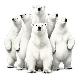 storybook illustration of a five - headed polar bear, storybook illustration, monochromatic, white background