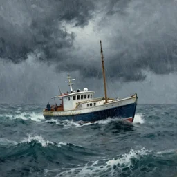 a boat lost in storm on the sea, by leonid afremov.