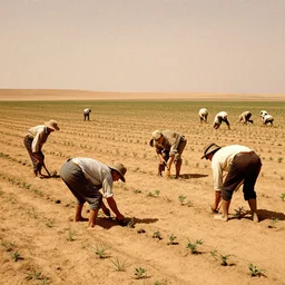 An image in a magazine depicting farmers growing sparse crops on mars in traditional farmers outfits, 1920s speculative futurism, distant shot