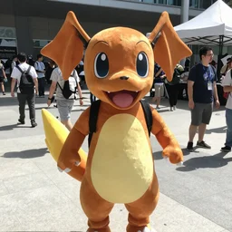 a man dressed in charmander cosplay in comic - con, midday, direct sunlight, casual photography