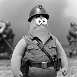 Patrick Star as a soldier during World War II, ww2, black and white photo