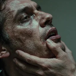 a creepy film photograph extreme closeup of a man putting his hand inside of another man's face, his hand appears to be merging with the man's flesh
