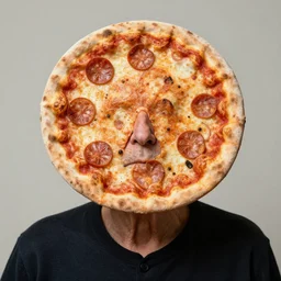 portrait of an old man with a flat circular head that looks exactly like a pizza, shaped like a pizza, with a small face sticking through the center of the pizza shape, remarkable documentation, disturbing reality, unsettling, extremely detailed, soft lighting, sharp focus, highly symmetrical, exhibition, masterpiece by morten krogvold