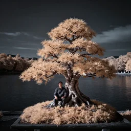 award winning infrared photography of andy lee, strange shaoef bonsai tree on island in lake, moody, dramatic lighting, rule of thirds