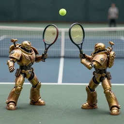 still of two Warhammer 40K Necrons playing tennis