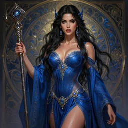 eva longoria as a sorceress, passionate, seductive, sweaty, intricate dressed in ornate blue robes and staff, lovely, intricate, highly detailed, digital painting, artstation, concept art, karma sutra, smooth, sharp focus, illustration, unreal engine 5, 8 k, art by artgerm and greg rutkowski and alphonse mucha