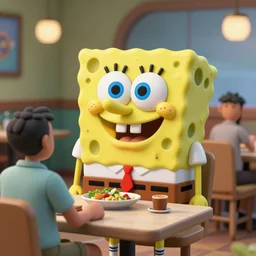 spongebob squarepants made of rubber in 3 d, working as a waiter at an olive garden waiting on customers, hyperrealistic, 4 k