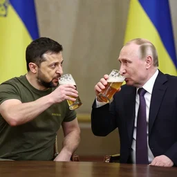 Zelensky and Putin drinking beer and having fun
