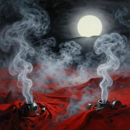 magical landscape covered with smoke, chiaroscuro, red fabric, metalic parts, transparent smoke from hell, notan sun in the background, abstract, surreal art, painted by beksinski and android jones