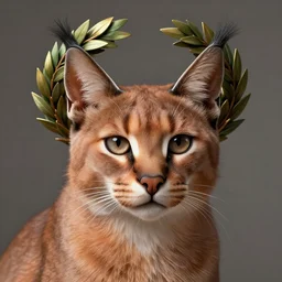 laurel wreath on a top of a head of cute fluffy caracal, photography of kurzgesagt, deep focus, d & d, fantasy, intricate, elegant, highly detailed, digital painting, artstation, concept art, matte, sharp focus, illustration, hearthstone, art by artgerm and greg rutkowski and alphonse mucha