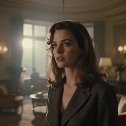 photorealistic close up shot cinematography of a beautiful woman acting in a twilight zone episode shot on film at magic hour with the sun shining into a large 6 0's hotel lobby room filled with volumetric haze by the shining cinematographer john alcott on a cooke panchro 2 7 mm lens.