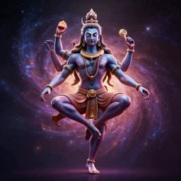 8 k uhd poser, redshift render of shiva the destroyer, dancing his cosmic dance, background stars an nebulae, volumetric lighting