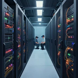 a fascinating digital illustration of the inside of a server room, racks and racks of servers are everywhere, the cable management is terrible, led lights, multicolored, a technician sits in the hallway in a vr helmet, by jamie hewlett and alan martin