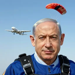 benjamin netanyahu skydiving, plane and parachute in background, by norman rockwell, highly detailed, sharp faces