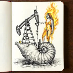 dream journal art brut drawing of a fever dream about a woman drilling for oil on a giant nautilus, found doodled in a sketchbook