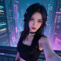 a selfie of a girl on a cyberpunk city, cyberpunk style, digital art